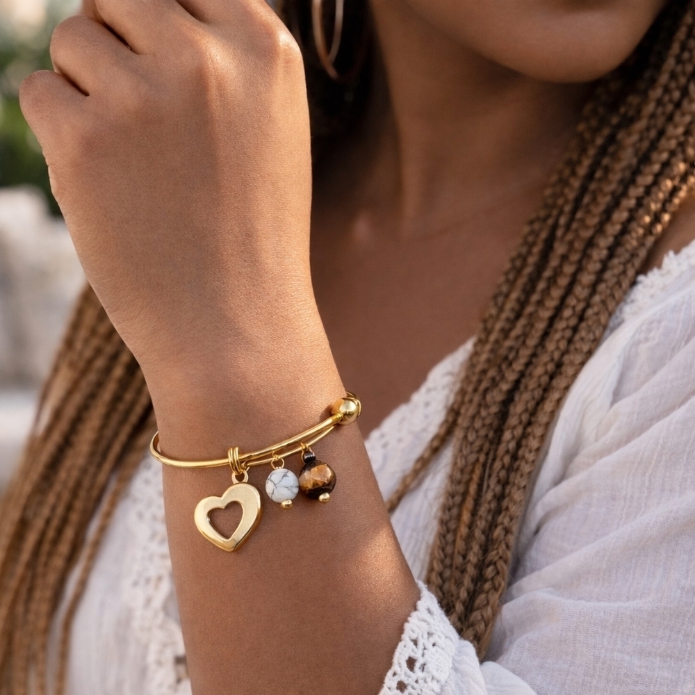 18K Gold Boho Wire Bangle Heart Tiger Eye Magnesite Cottagecore Fairycore Zen